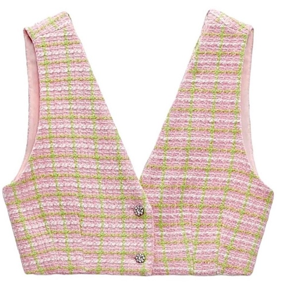 ZARA Tweed Crop Top Pink & Green Vest Jewel Buttons Size S • BLOGGER FAVORITE • - Picture 2 of 6